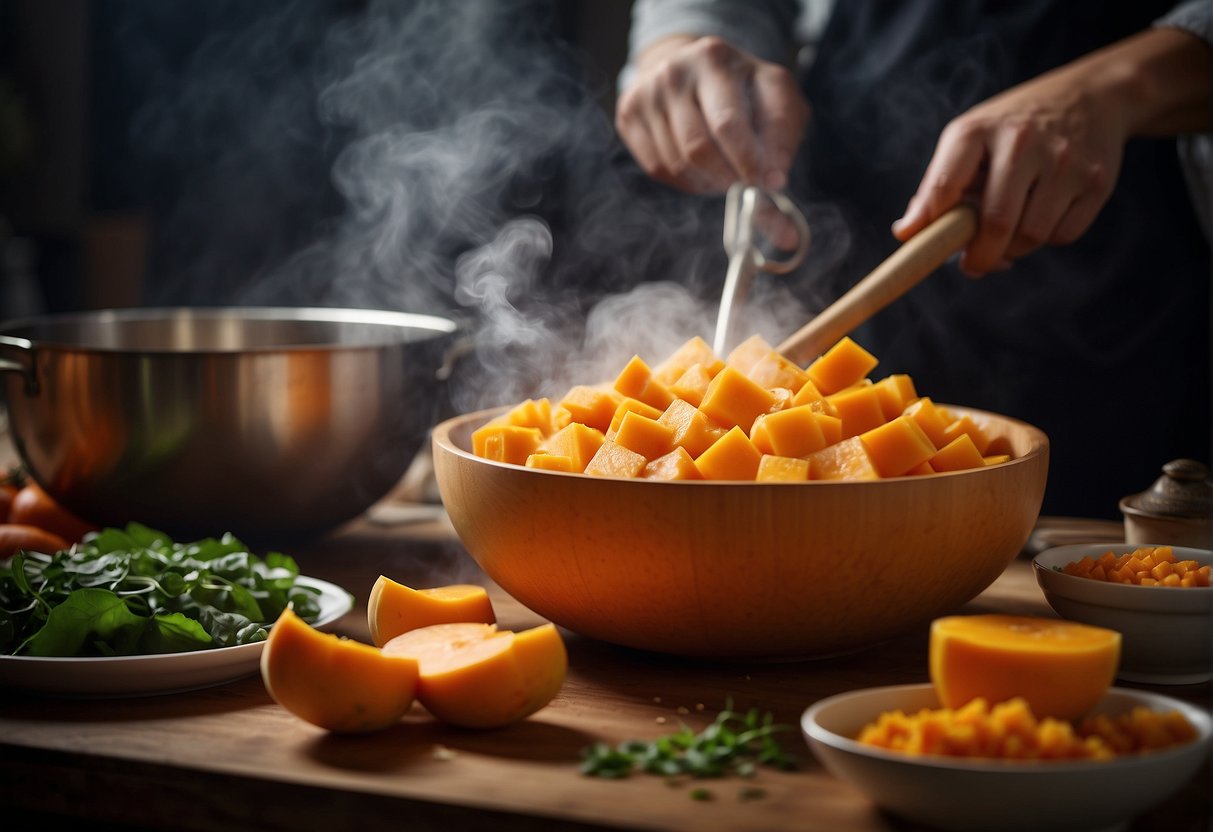 A butternut squash being prepared with Chinese ingredients in a bustling kitchen. Ingredients and utensils laid out, steam rising from a wok