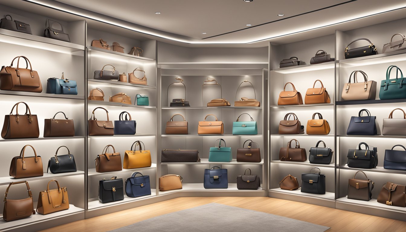 A display of iconic leather handbag brands arranged on a sleek, modern shelf in a high-end boutique
