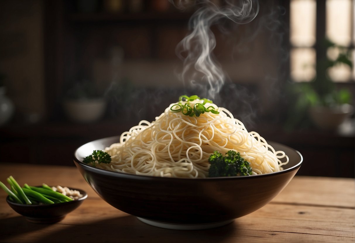 A steaming bowl of Chinese thin noodles sits on a wooden table, surrounded by ingredients like soy sauce, sesame oil, and green onions