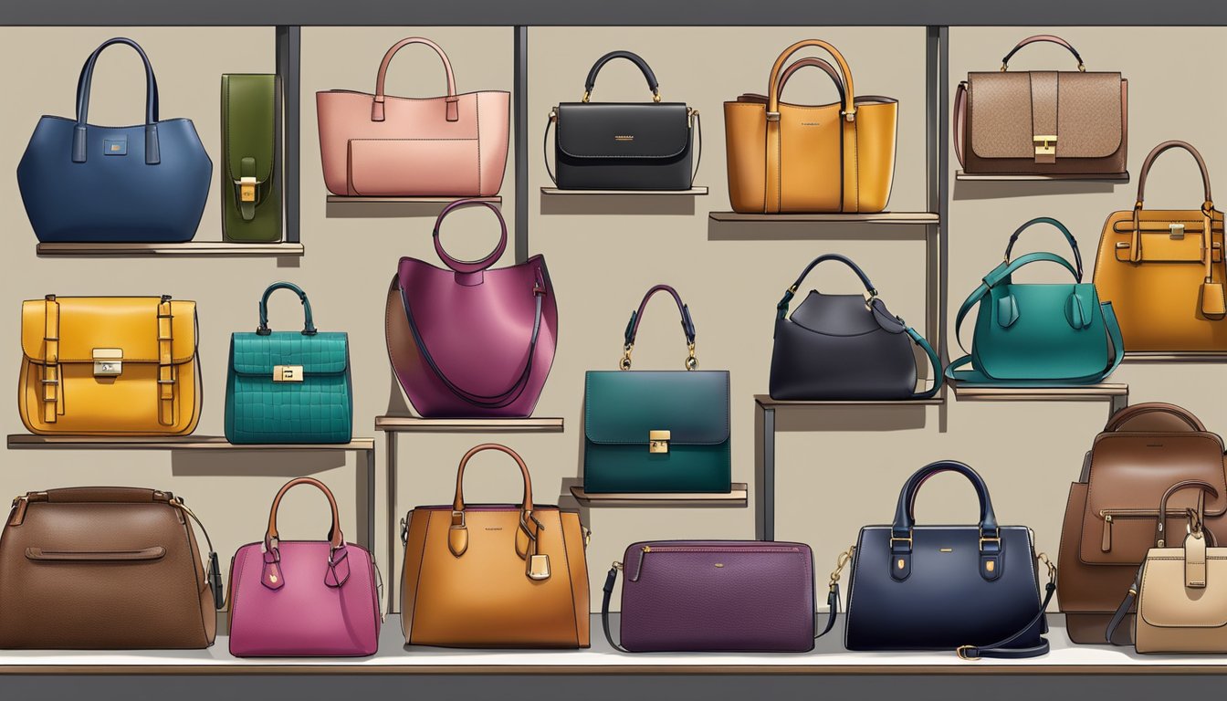A display of modern leather handbags from various brands, showcasing different styles, colors, and textures