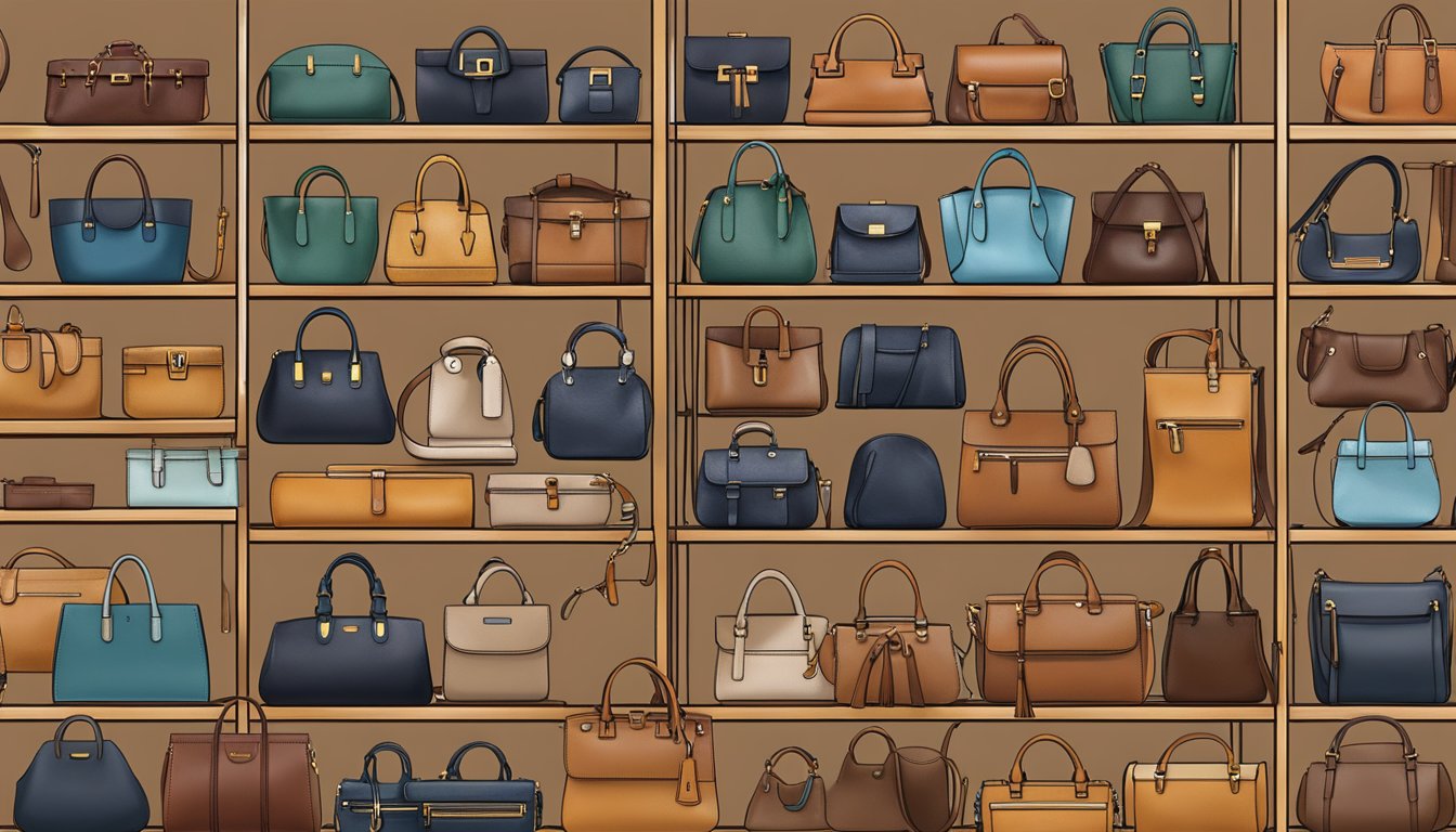 A variety of leather bags displayed on shelves, including tote, crossbody, and satchel styles. Each bag is from a different designer brand