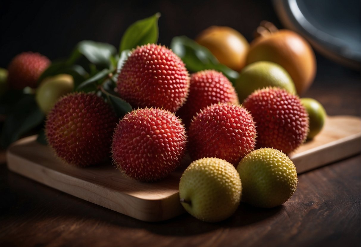 A pile of fresh lychees sits on a clean cutting board, with a knife nearby. A freezer door is open, and a hand reaches for a plastic bag to store the fruit