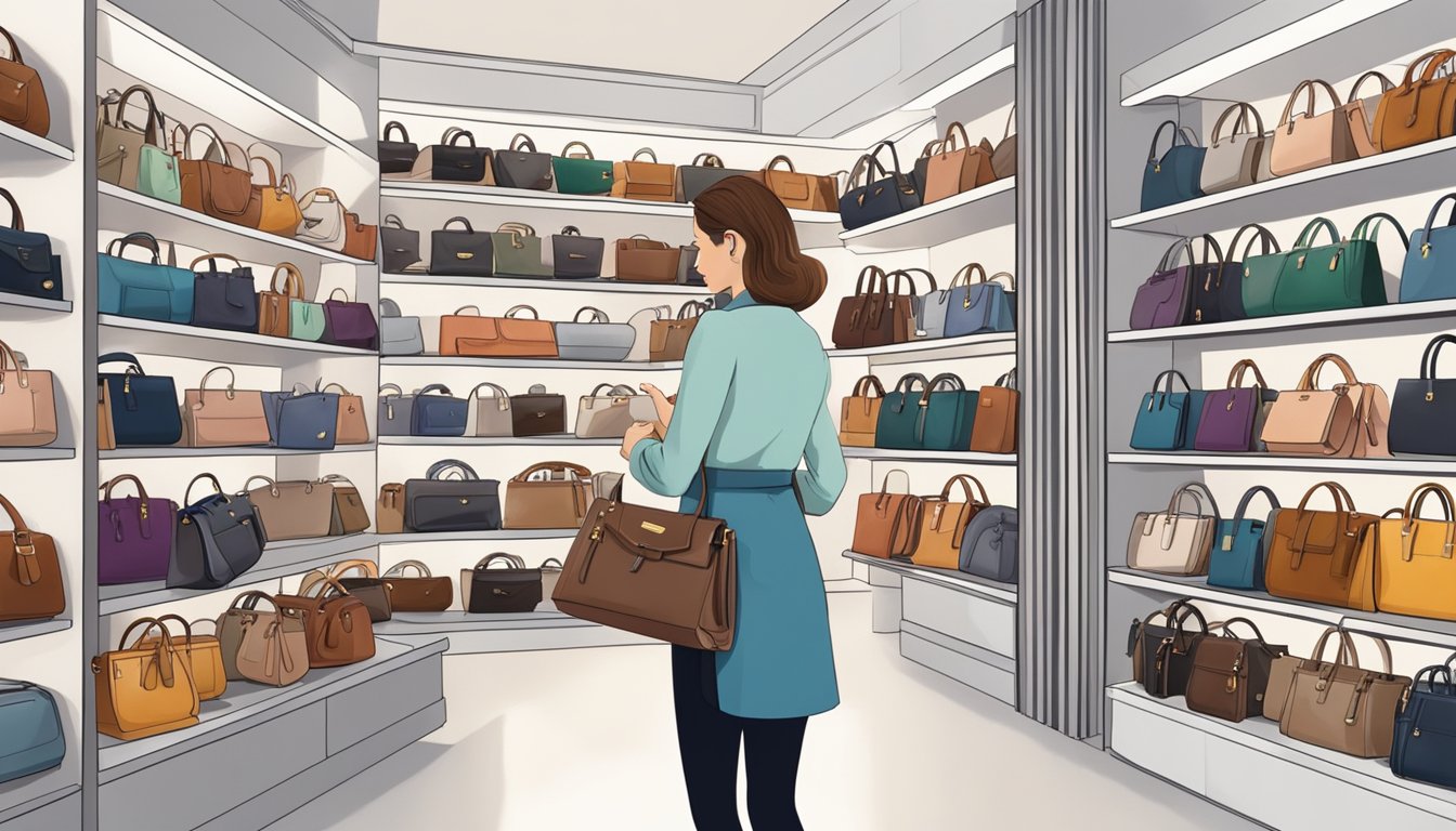 A woman carefully selects a high-quality leather handbag from a display of various brands