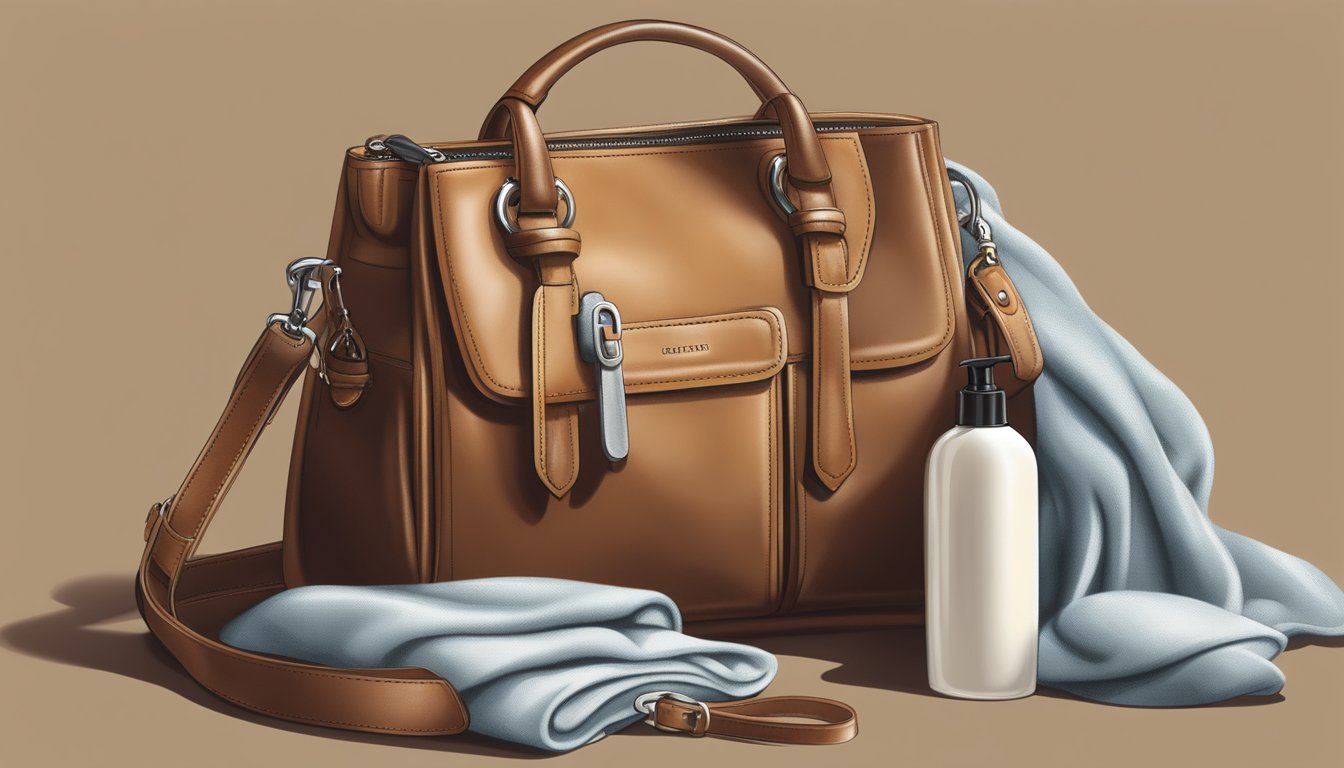 A leather handbag sits on a clean surface, surrounded by a soft cloth, leather cleaner, and conditioner. A gentle hand reaches for the bag, ready to begin the care and maintenance process