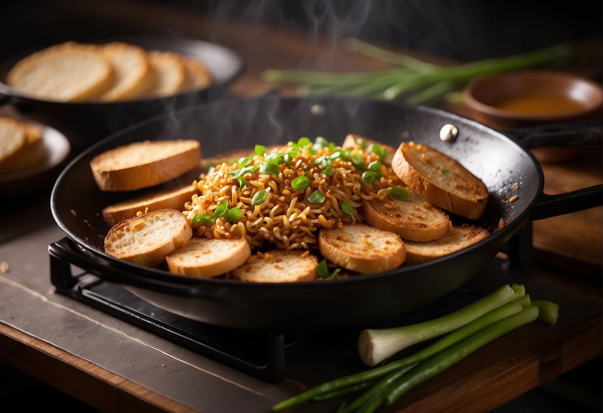A wok sizzles with golden slices of bread, as a chef drizzles them with a sweet and savory sauce. Green onions and sesame seeds sprinkle over the crispy toast