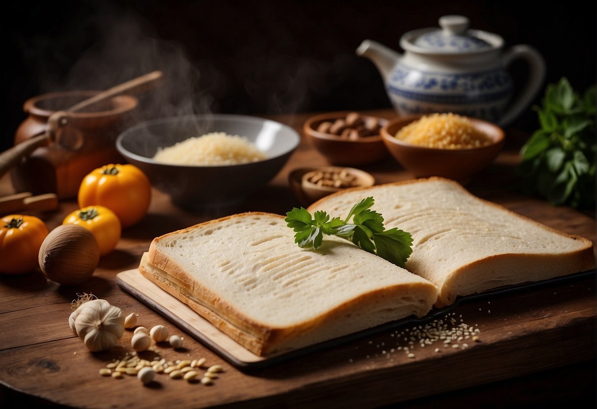 A Chinese kitchen with ingredients and tools for making toast. A traditional recipe book and a handwritten note on the history of Chinese toast