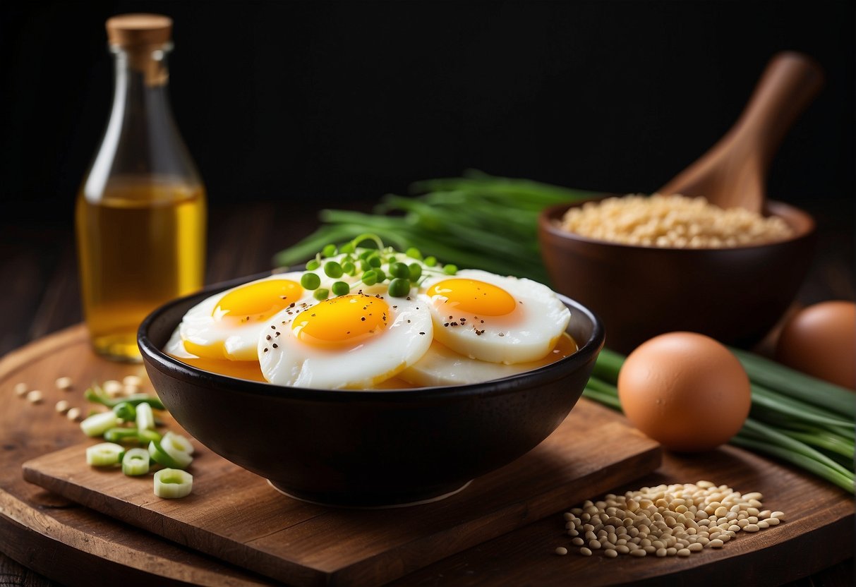 A table with ingredients: bread, eggs, soy sauce, green onions, and sesame oil. A bowl of mixed egg and soy sauce