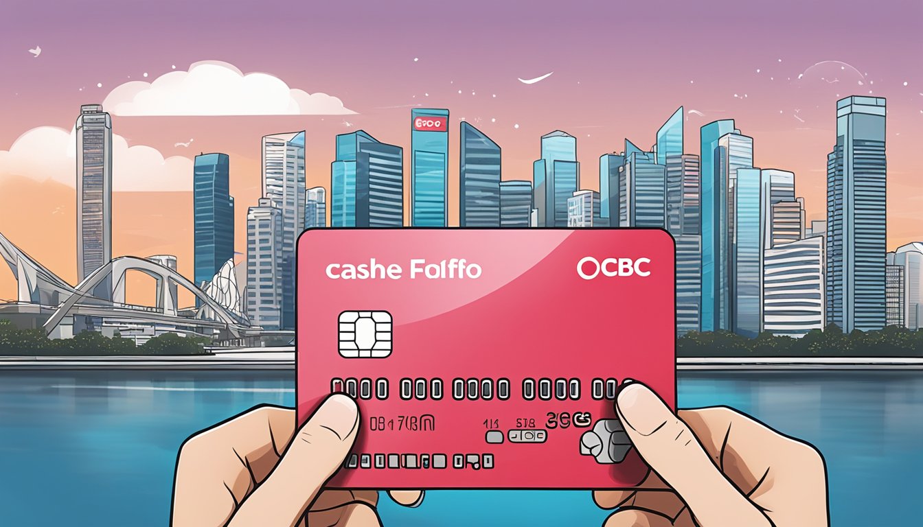 A hand holding an OCBC Great Eastern Cashflo Credit Card with Singapore skyline in the background
