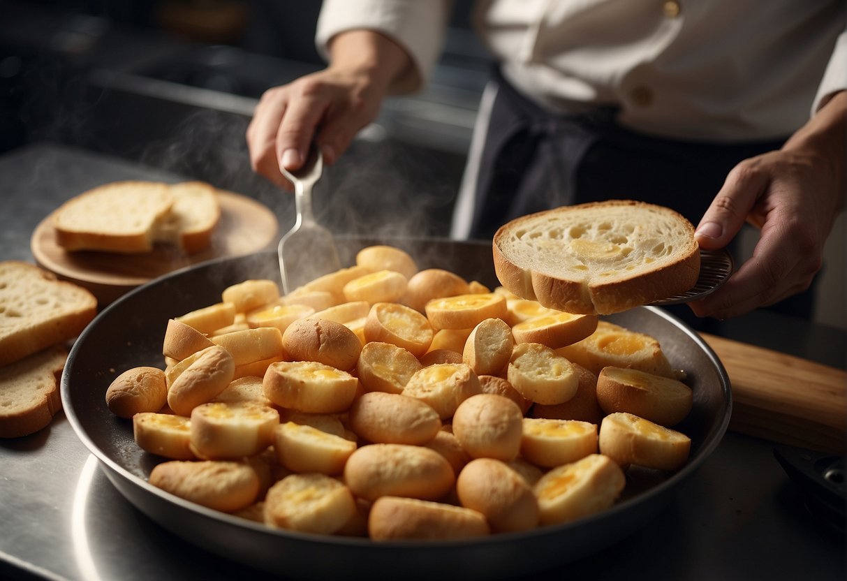 A chef gathers ingredients, slices bread, mixes egg batter, and fries toast in a pan