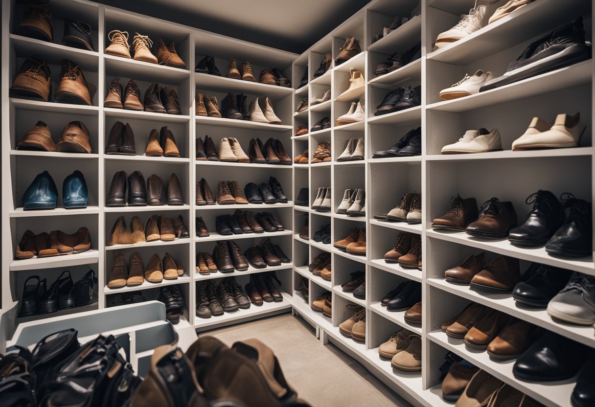 Several shelves of various heights and sizes neatly organize a collection of shoes in a well-lit garage. Hooks and racks on the walls hold additional pairs, while a bench provides a convenient spot for putting shoes on or taking them off