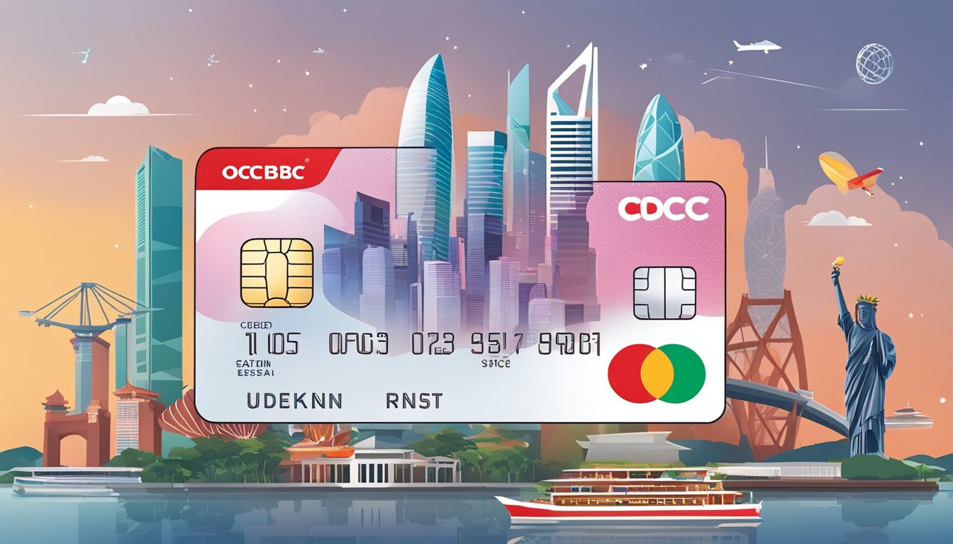 A credit card with OCBC and Great Eastern logos, surrounded by financial icons and symbols, against a backdrop of Singapore's skyline
