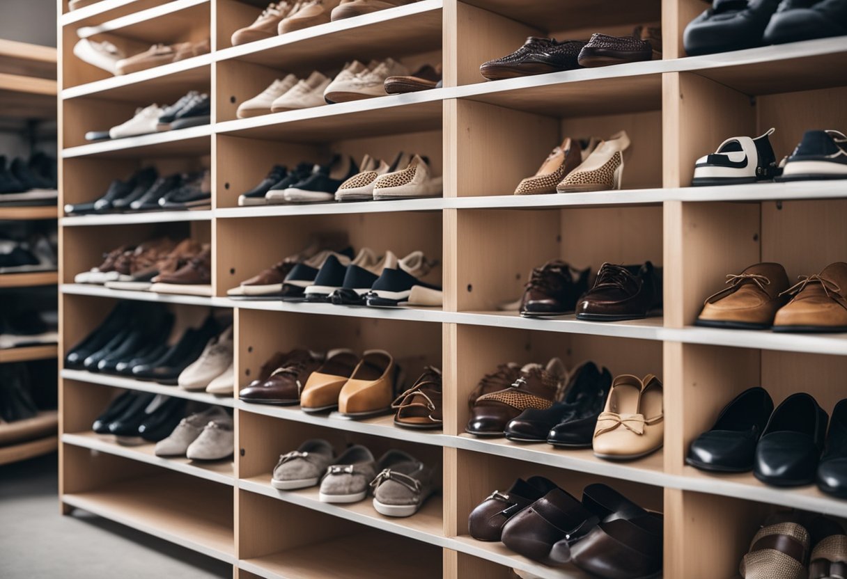 Shelves and racks neatly hold various types of shoes in a small, organized garage space