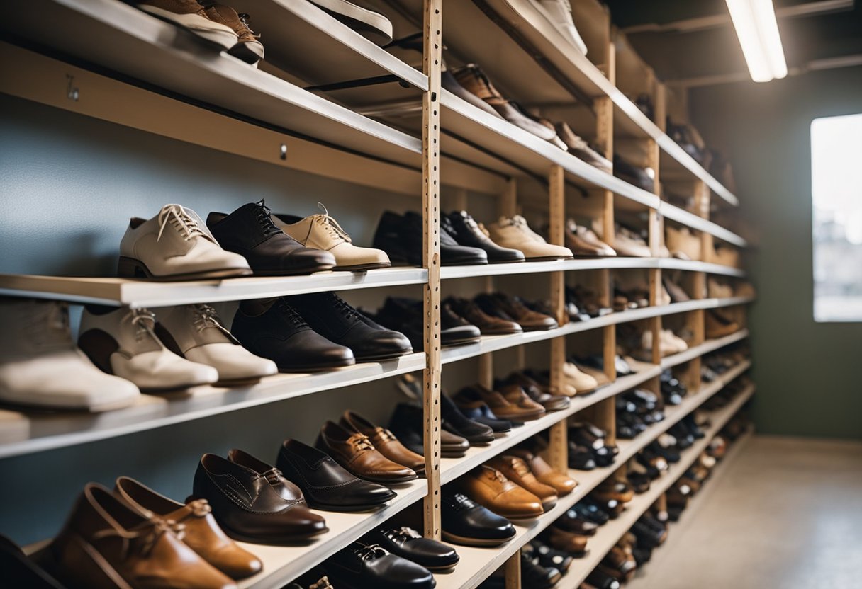Shoes neatly organized on shelves and racks in a well-maintained garage. Hooks and cubbies utilized for easy access and storage