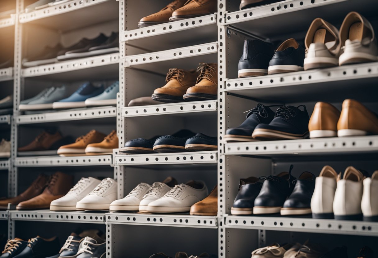 Shoes neatly organized on shelves in a garage, with labeled bins and hanging racks for easy access and storage