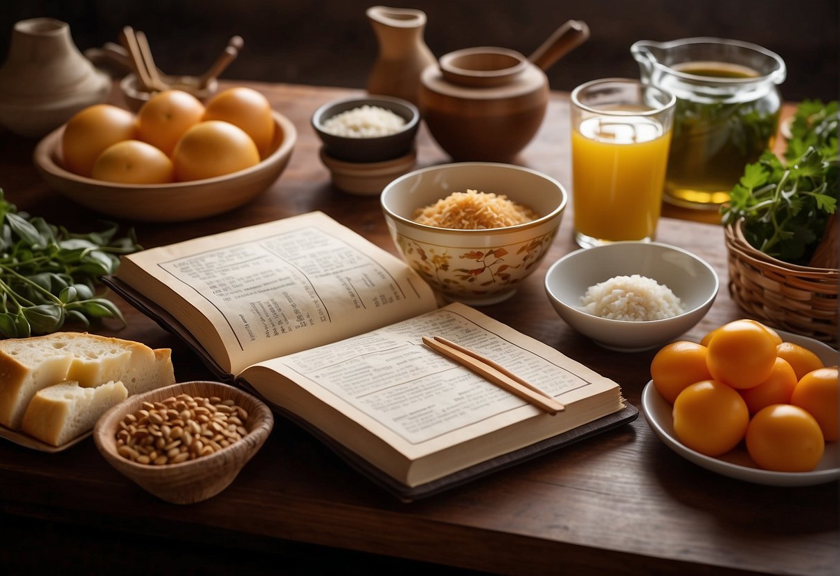 A table with ingredients and utensils for making Chinese toast, with a recipe book open to the "Frequently Asked Questions" section