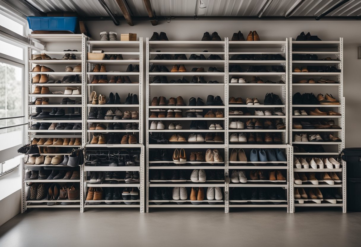 Shoes neatly organized on shelves and racks in a well-lit garage, with labeled bins and hooks for easy access