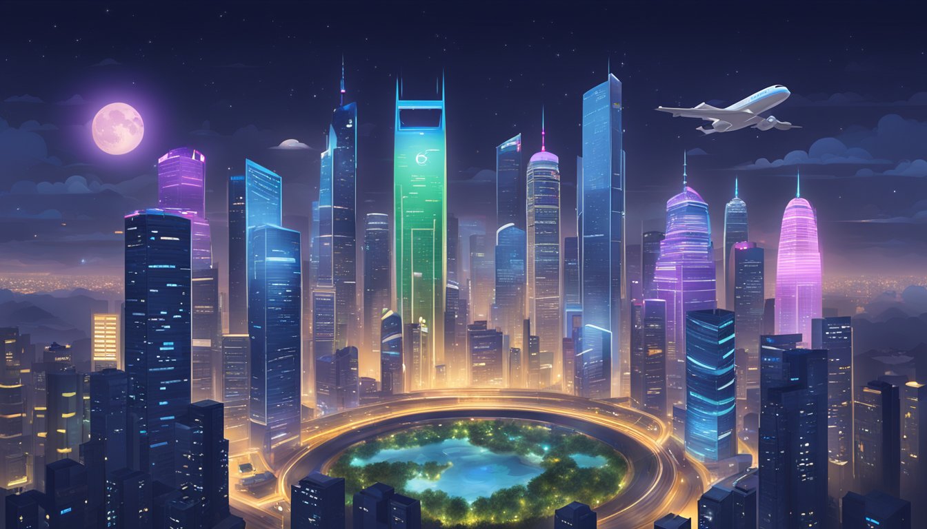 A city skyline with towering Chinese tech company logos, glowing in the night sky