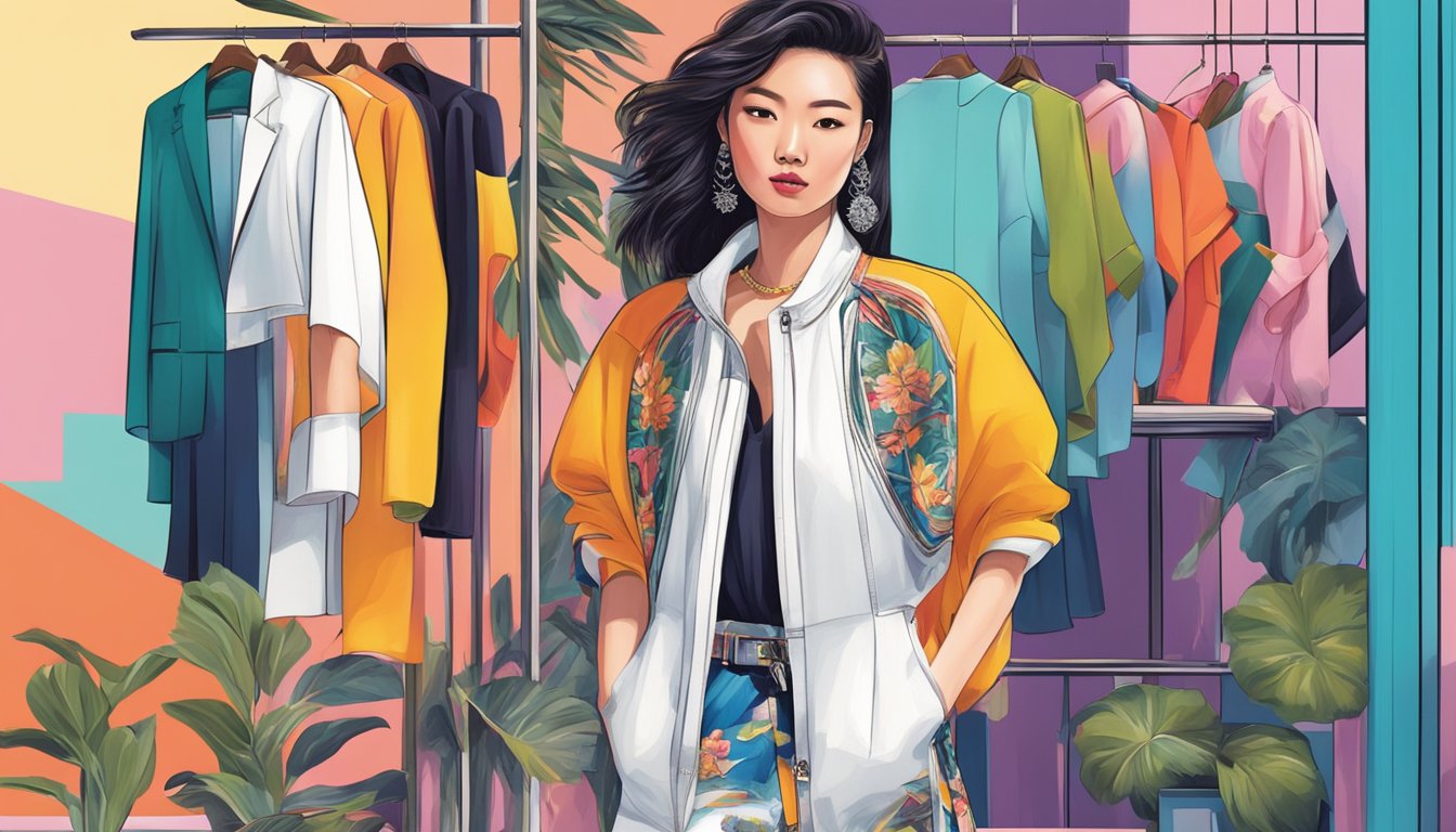 Vibrant Chinese fashion and lifestyle brands showcased in a modern urban setting with sleek, innovative designs and bold color palettes