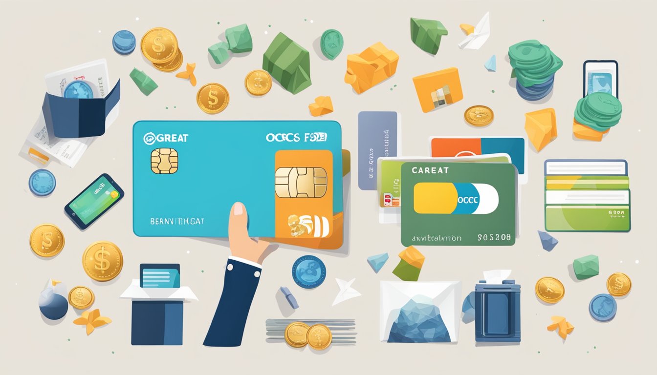 A hand holding an OCBC Great Eastern Cashflo Credit Card, surrounded by various items representing strategic spending and maximizing benefits