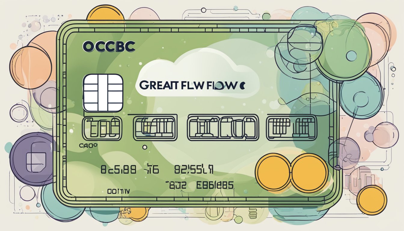 A credit card with OCBC and Great Eastern logos surrounded by FAQ bubbles and a cash flow chart