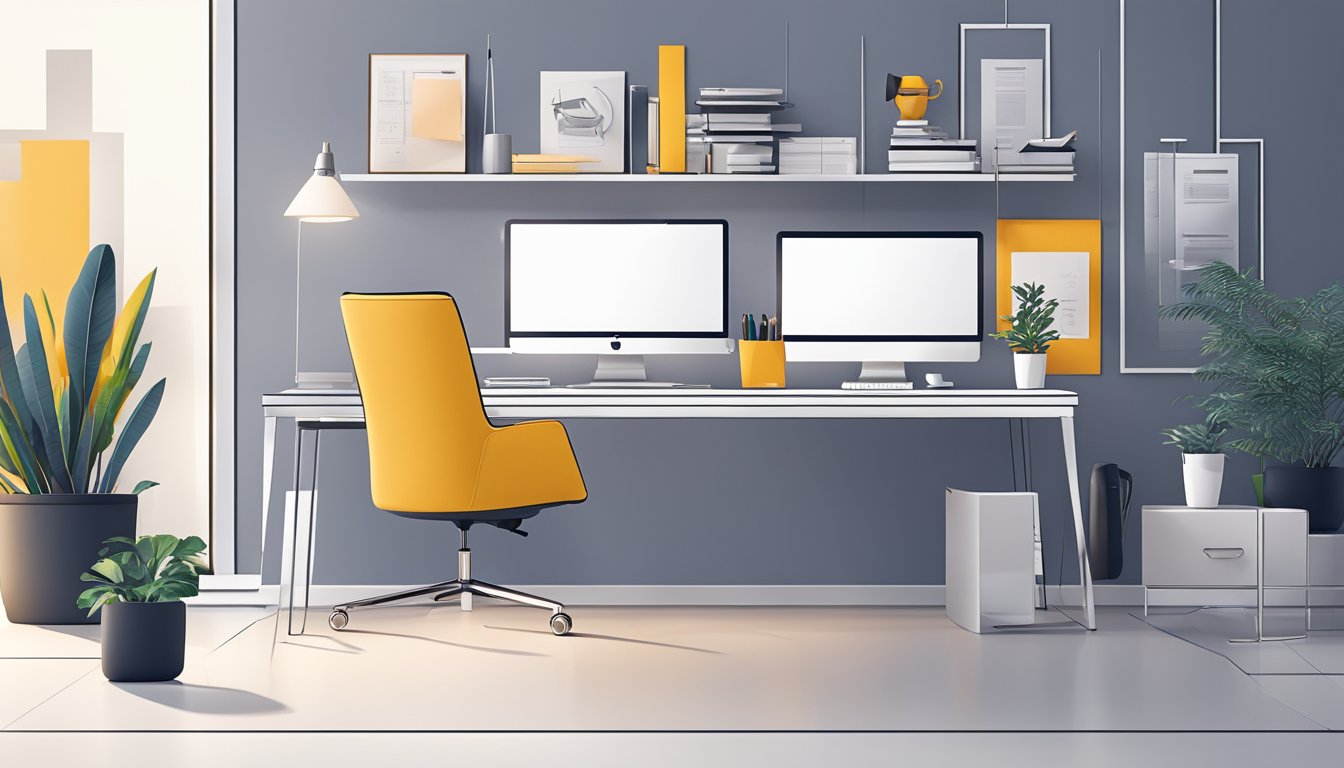 A modern office with a sleek desk, computer, and branding materials. Clean lines, bold colors, and a professional atmosphere
