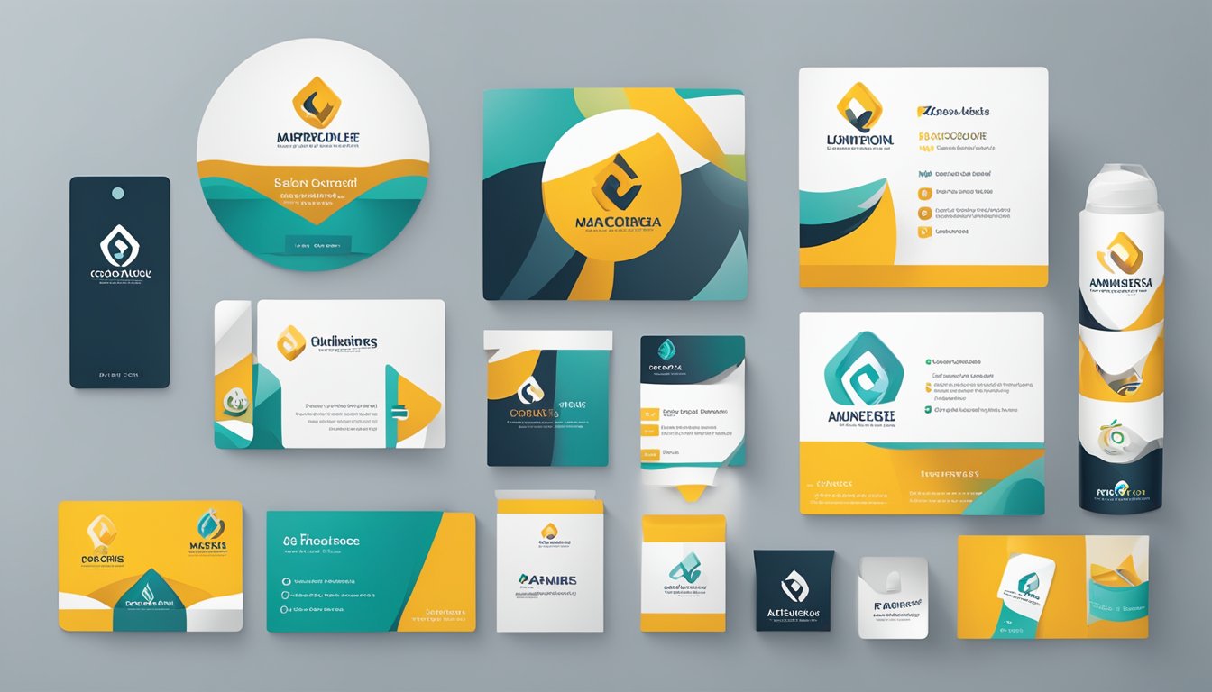A company logo, color palette, and typography are displayed across various marketing materials, including business cards, website, and signage