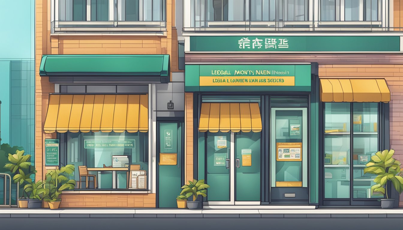 A sign reads "Legal Money Lender in Yishun: Secured Loans Accessible" with a bold font and professional design, set against a clean and modern storefront