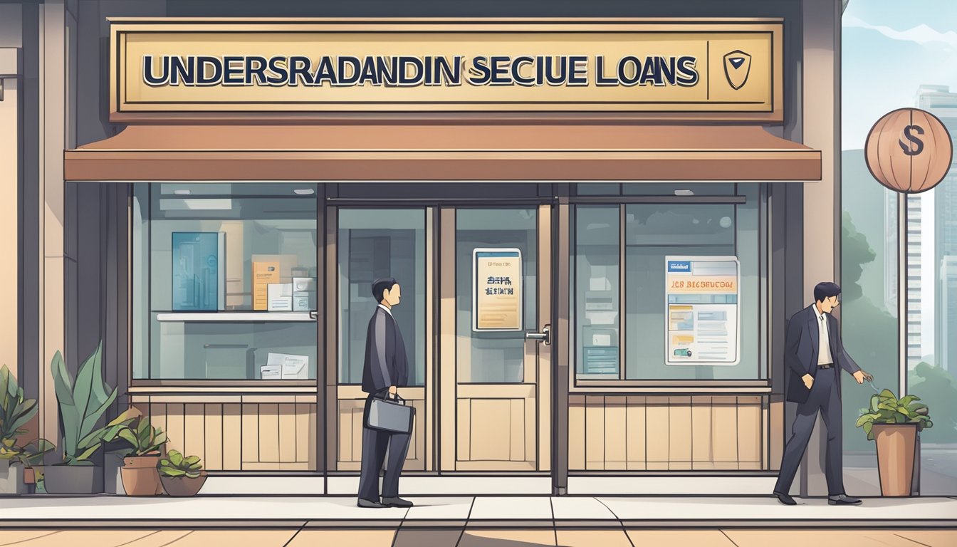 A legal money lender's sign stands outside a storefront in Yishun, with the words "Understanding Secured Loans" prominently displayed