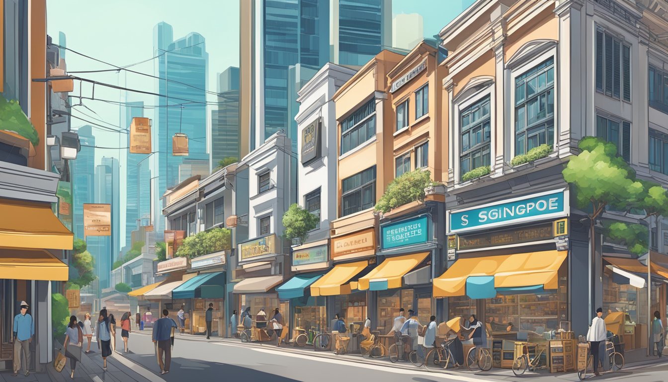 A bustling cityscape with various storefronts and signs, including those of licensed money lenders, showcasing a reliable lending source in Singapore
