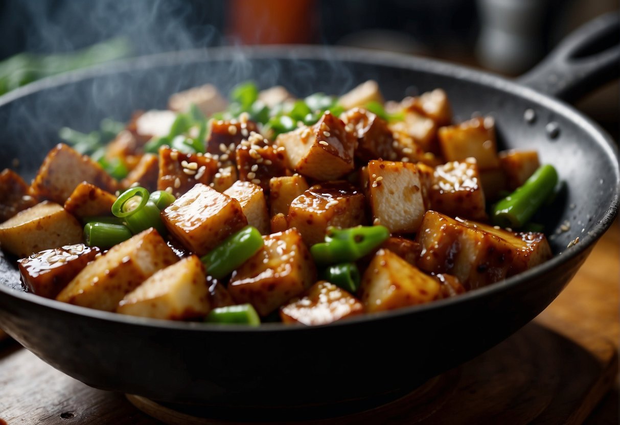 A wok sizzles with diced tofu and pork, stir-frying in a fragrant mix of soy sauce, garlic, and ginger. Green onions and chili peppers add color and spice to the dish