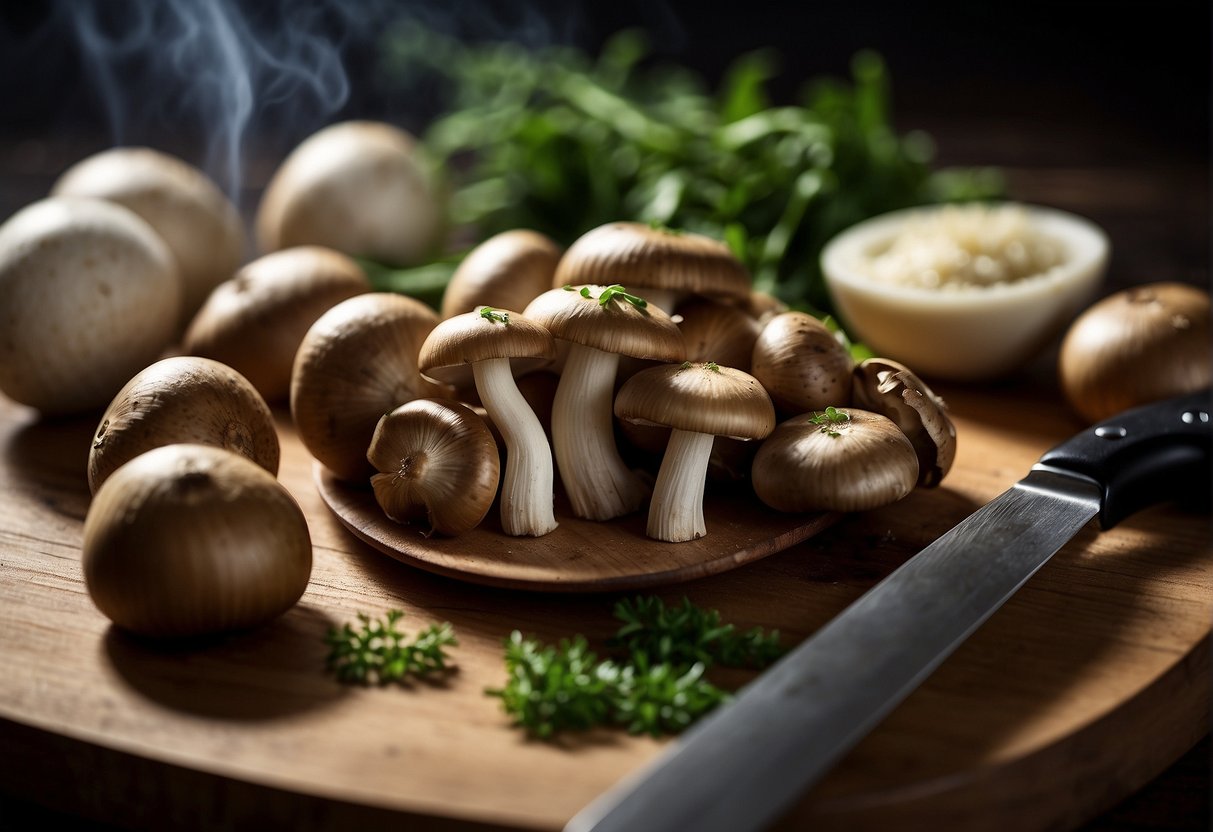 Button mushrooms arranged on a cutting board with a knife, garlic, and herbs nearby. A steaming wok and stir-fry ingredients in the background
