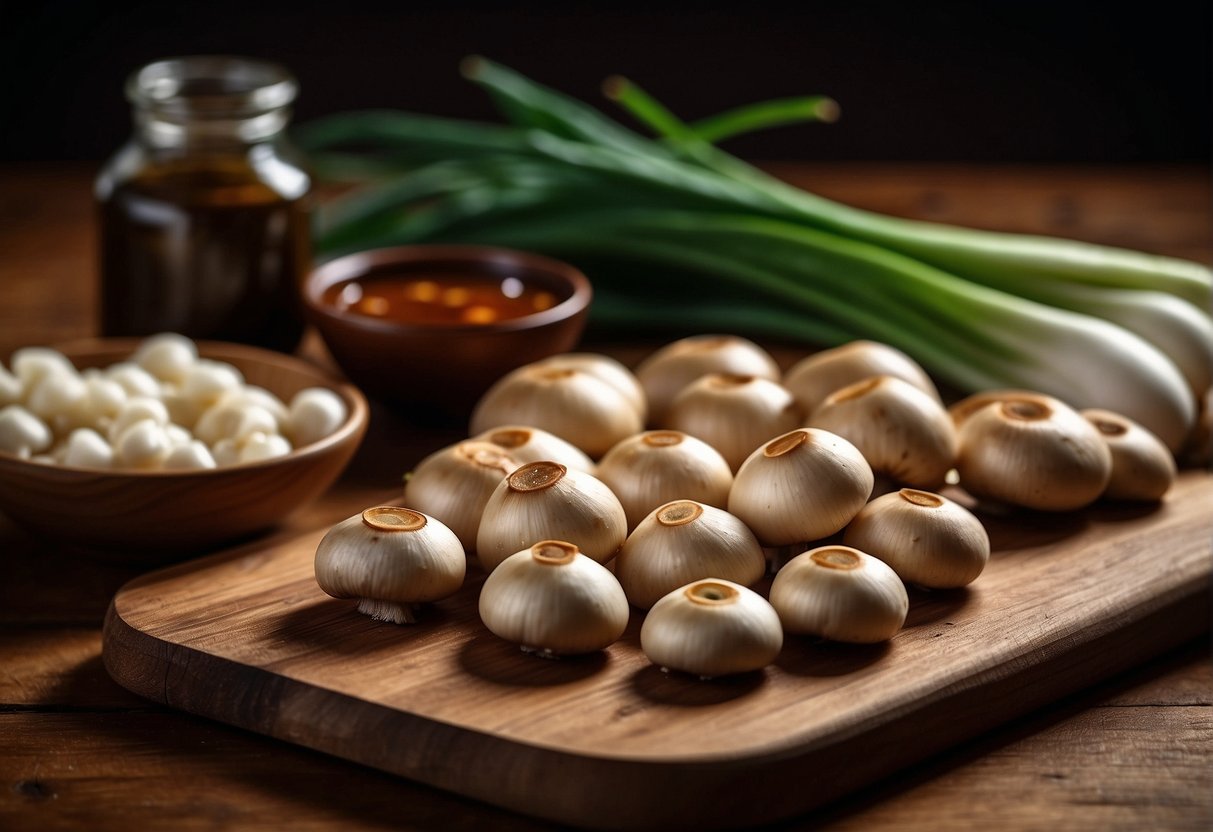 Fresh button mushrooms, ginger, garlic, soy sauce, and green onions arranged on a wooden cutting board. A recipe book open to a page titled "Essential Chinese Ingredients."