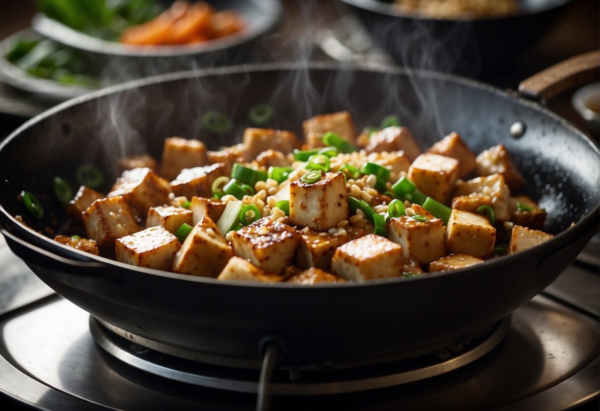 A wok sizzles with diced tofu and pork, surrounded by ginger, garlic, and green onions. Soy sauce and sesame oil add depth to the savory aroma