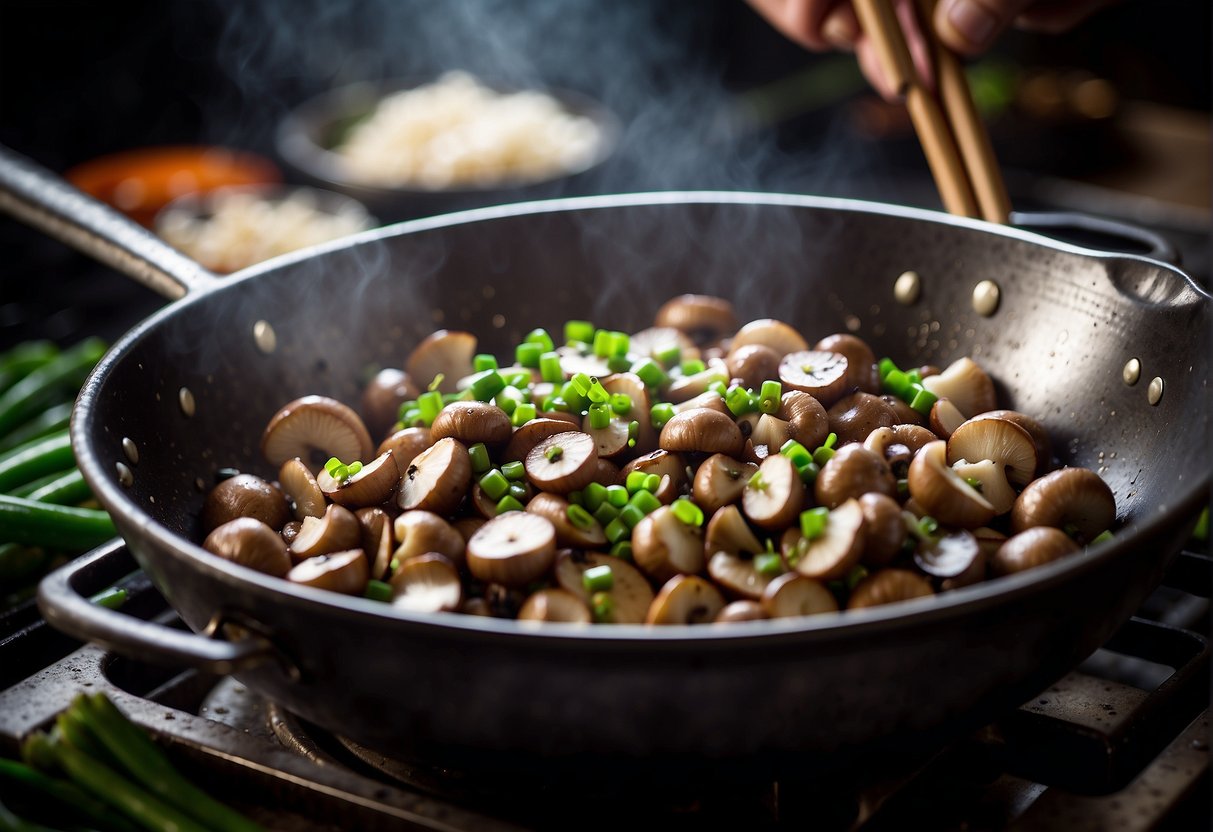 A chef sautés button mushrooms in a sizzling wok, adding garlic and ginger for a classic Chinese stir-fry. Soy sauce and green onions add the finishing touch