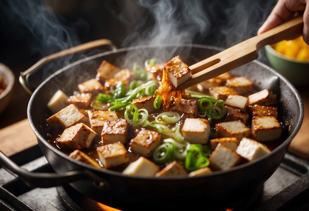 Sizzling tofu and pork in a wok, stirring with a wooden spatula. Steam rising from the sizzling ingredients. Ingredients like garlic, ginger, and green onions nearby