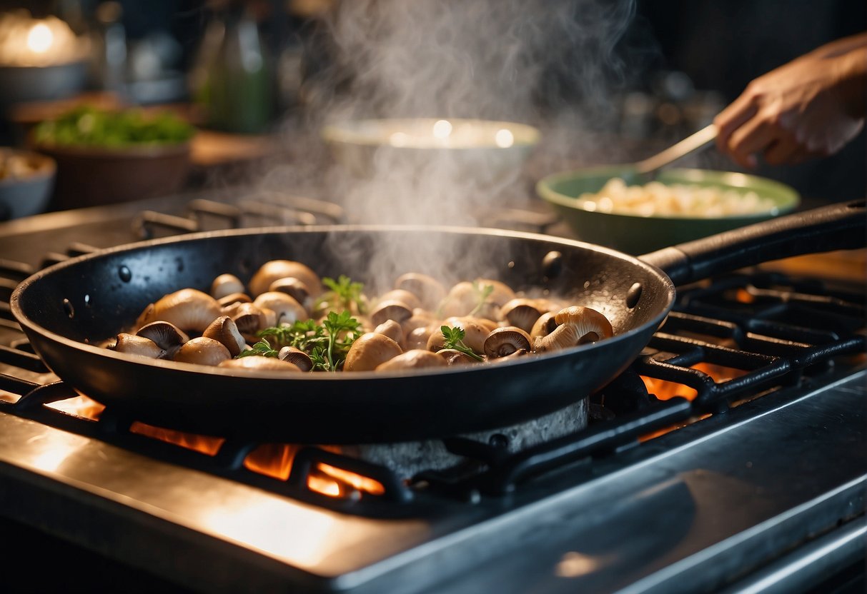 Mushrooms sizzling in a hot pan, being sautéed with garlic and herbs, steam rising as they cook