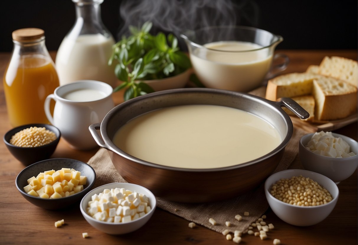 A wooden table with a variety of ingredients: soy milk, agar agar powder, sugar, and vanilla extract. A saucepan on the stove, and a bowl of finished tofu pudding
