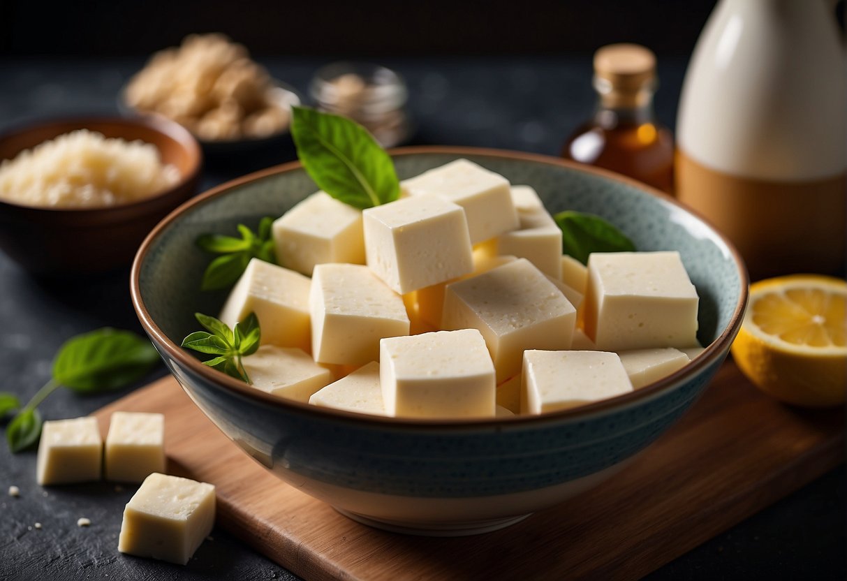 A bowl of silken tofu being mixed with sugar and ginger syrup. Ingredients laid out on a kitchen counter