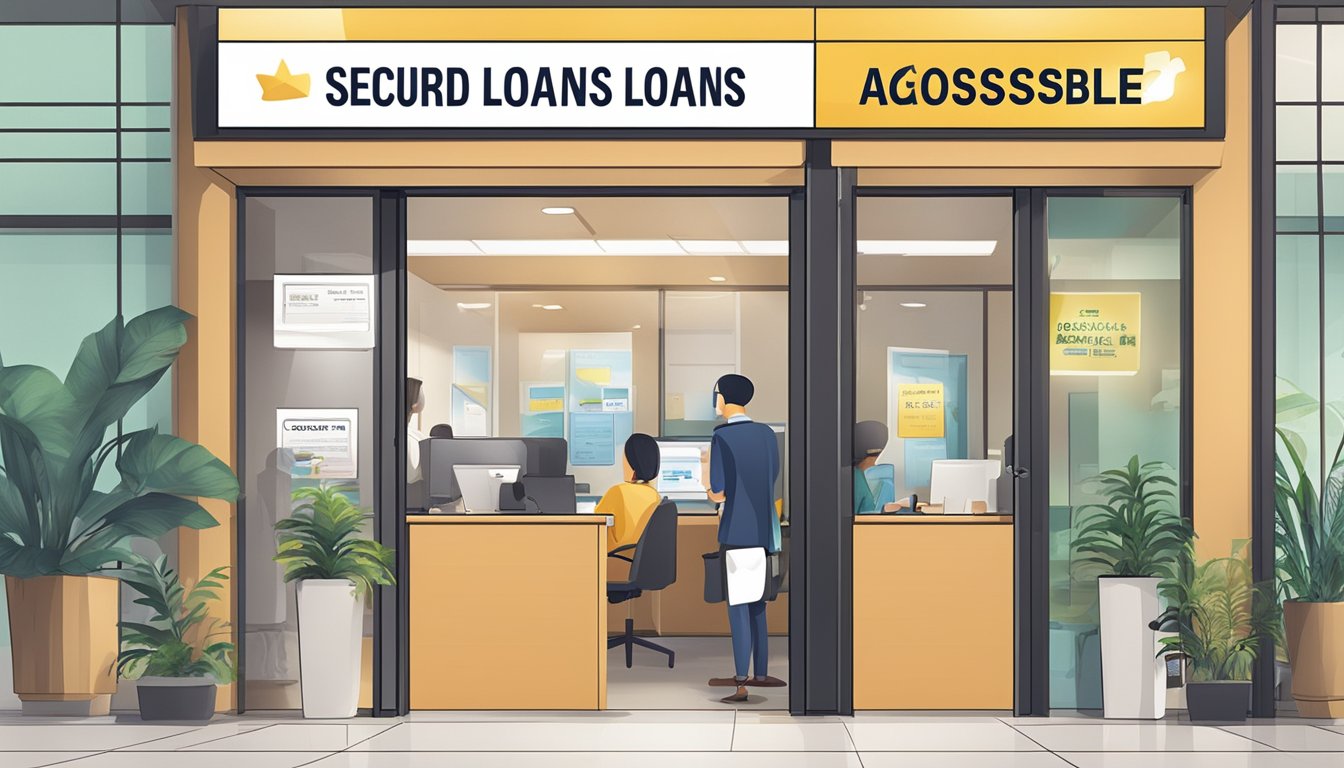 A legal money lender's office in Yishun, with a sign advertising "secured loans accessible." Customers receiving support and leaving positive reviews