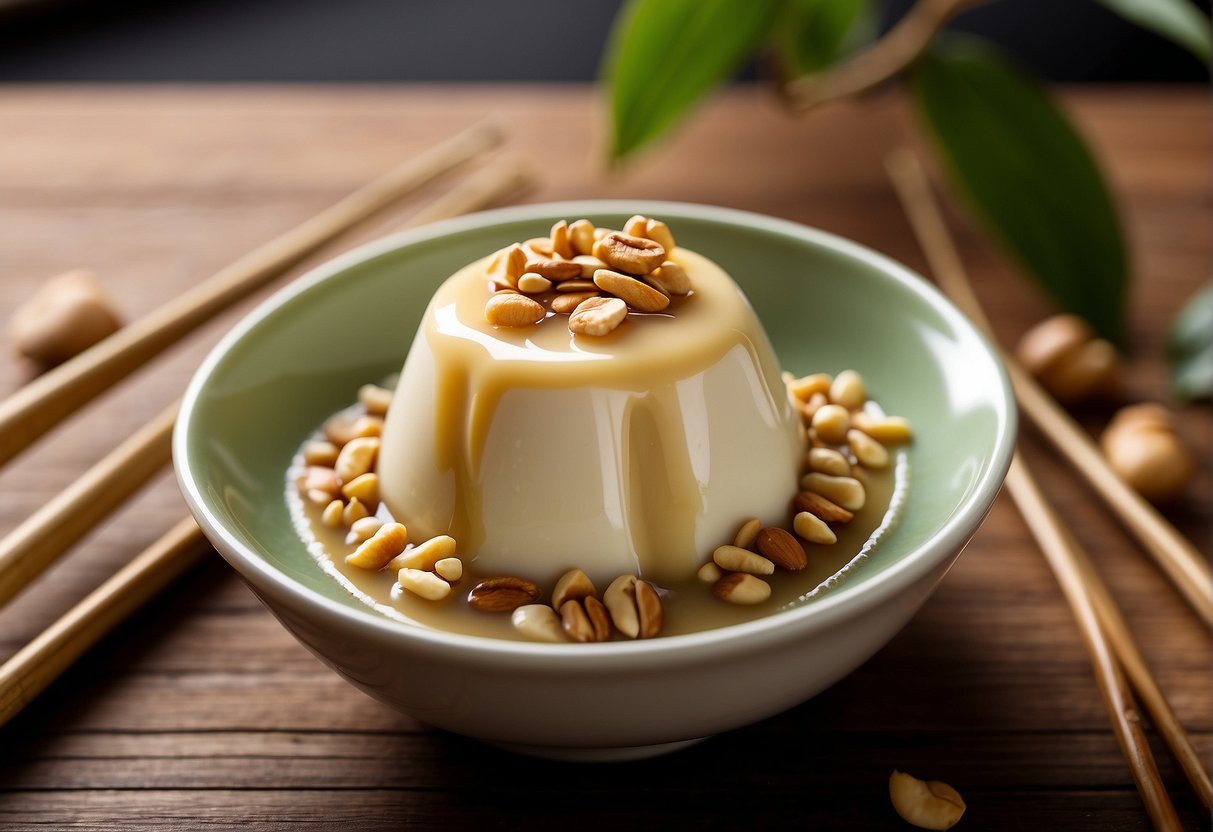 A bowl of silky tofu pudding topped with sweet ginger syrup and crushed peanuts, accompanied by a pair of elegant chopsticks on a bamboo placemat