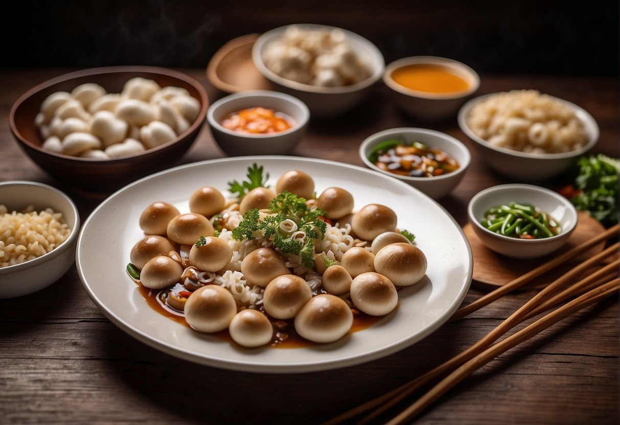 Button mushrooms arranged with Chinese dishes on a wooden table. Stir-fry, soup, and dumplings surround the mushrooms, creating a visually appealing spread