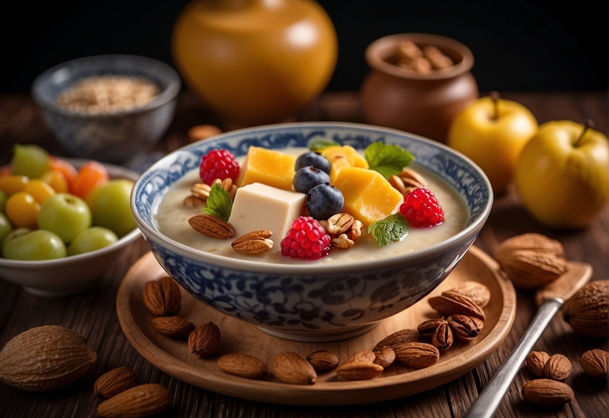 A bowl of freshly made Chinese tofu pudding sits on a wooden table, surrounded by a variety of colorful fruits and nuts. A gentle steam rises from the warm dessert, inviting the viewer to indulge in its health benefits and dietary considerations