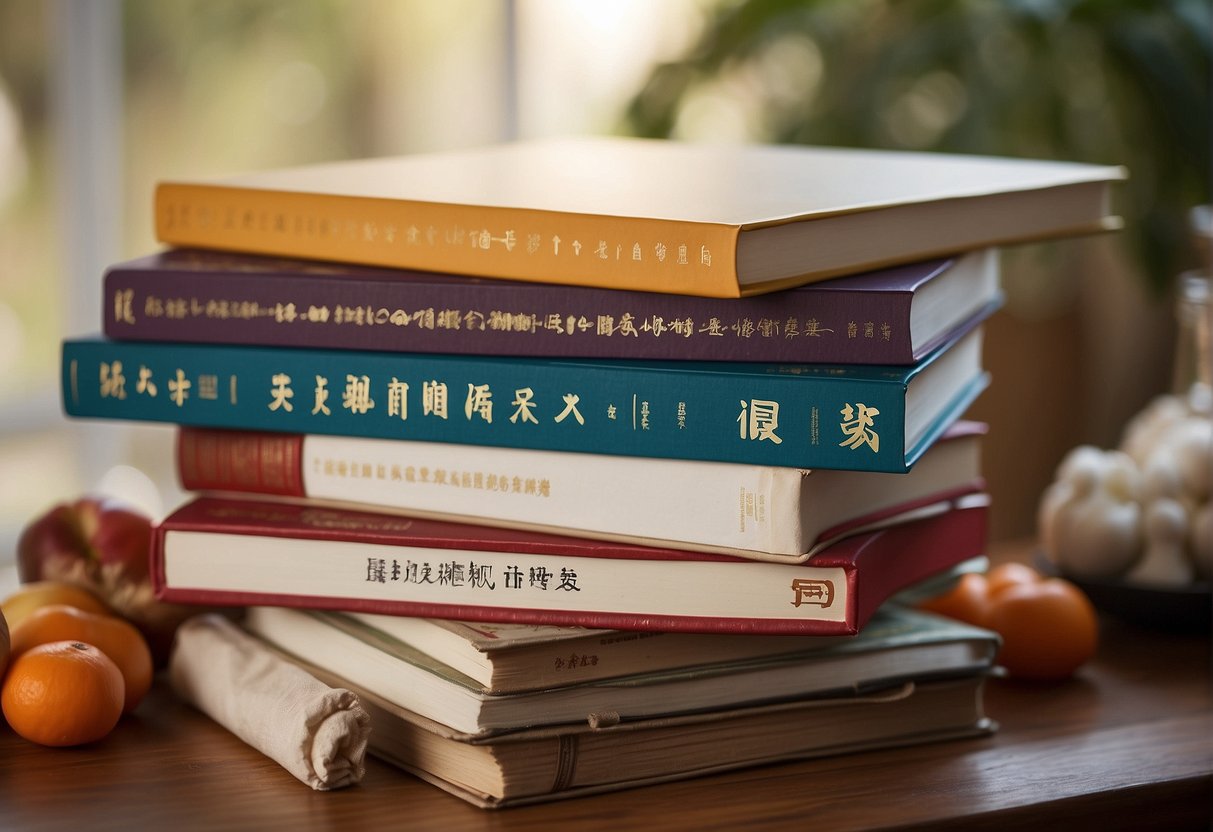 A stack of Chinese recipe books with a "Frequently Asked Questions" button mushroom page bookmarked