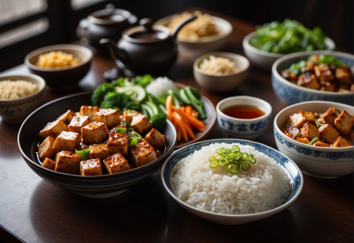 A table set with a platter of sizzling Chinese tofu pork, surrounded by bowls of steamed rice, stir-fried vegetables, and a pot of hot tea