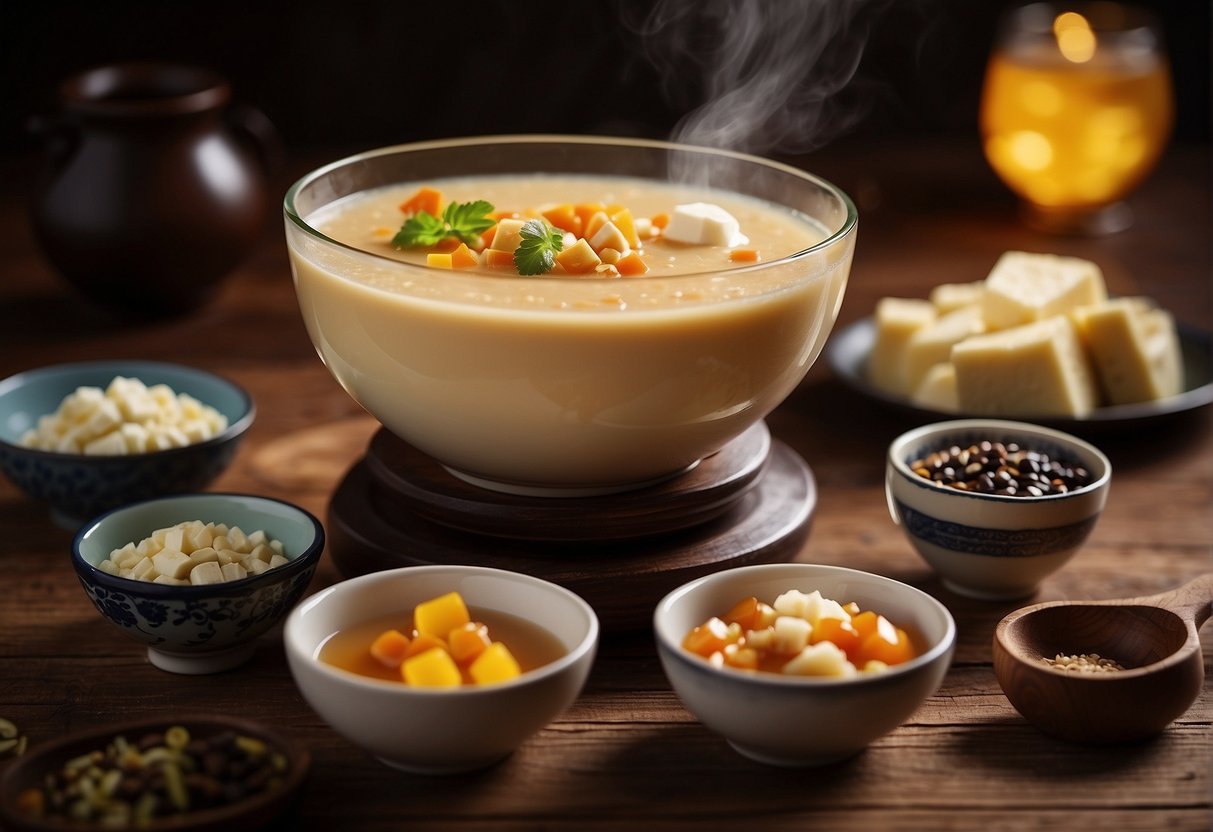 A steaming bowl of Chinese tofu pudding sits on a wooden table, surrounded by small dishes of sweet syrup and toppings