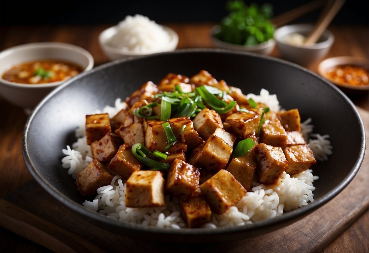 A wok sizzles as diced tofu and pork cook in a savory sauce. Bowls of rice and chopsticks sit nearby, ready to be served