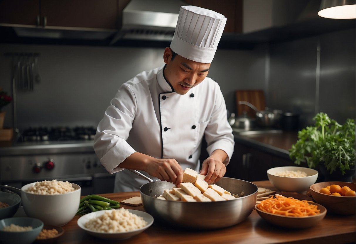 A chef preparing Chinese tofu pork dish with ingredients and utensils laid out on a kitchen counter