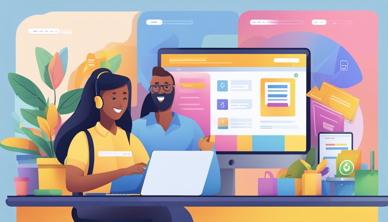 The brand's FAQ page features a colorful banner with bold text. A laptop and smartphone display the website, while a customer service representative smiles and assists a customer