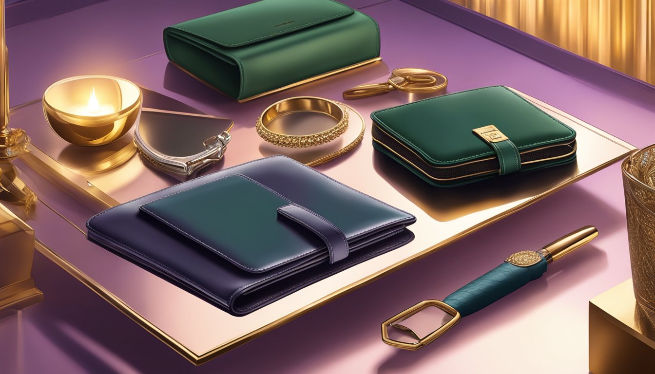 A sleek, modern wallet displayed on a velvet-lined tray, surrounded by soft, warm lighting and opulent decor