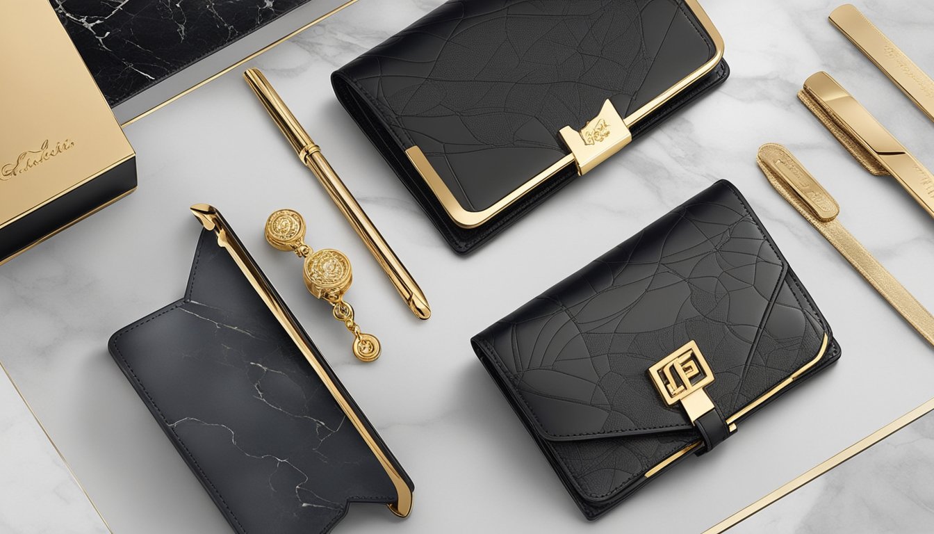 A sleek, leather wallet sits atop a polished marble countertop, adorned with intricate gold hardware and the brand's logo embossed in elegant script. Rich, deep colors and luxurious textures exude sophistication